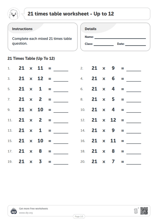 21 times table page 1