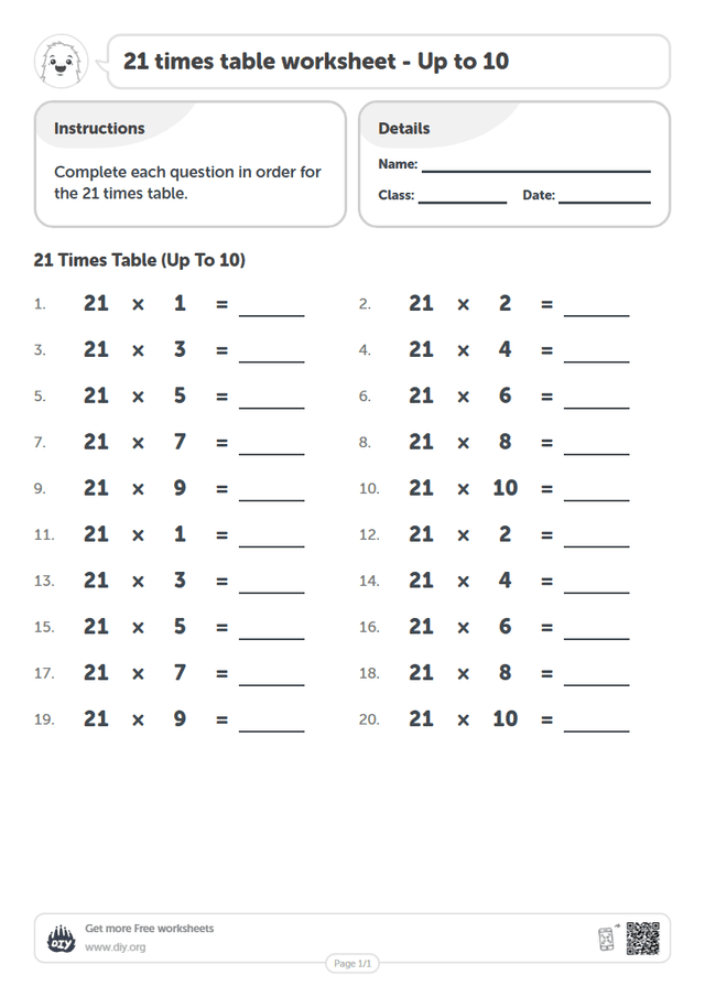 21 times table page 1