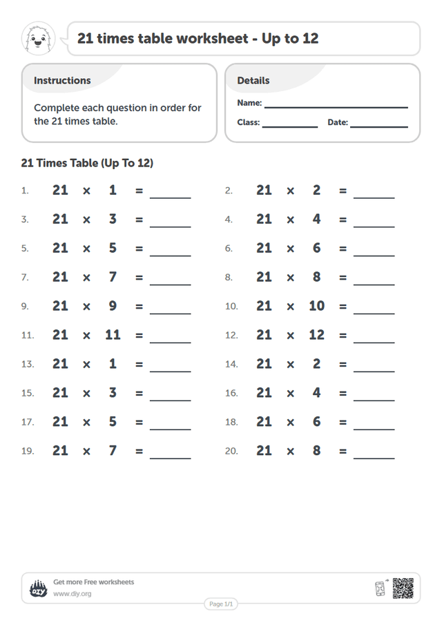 21 times table page 1