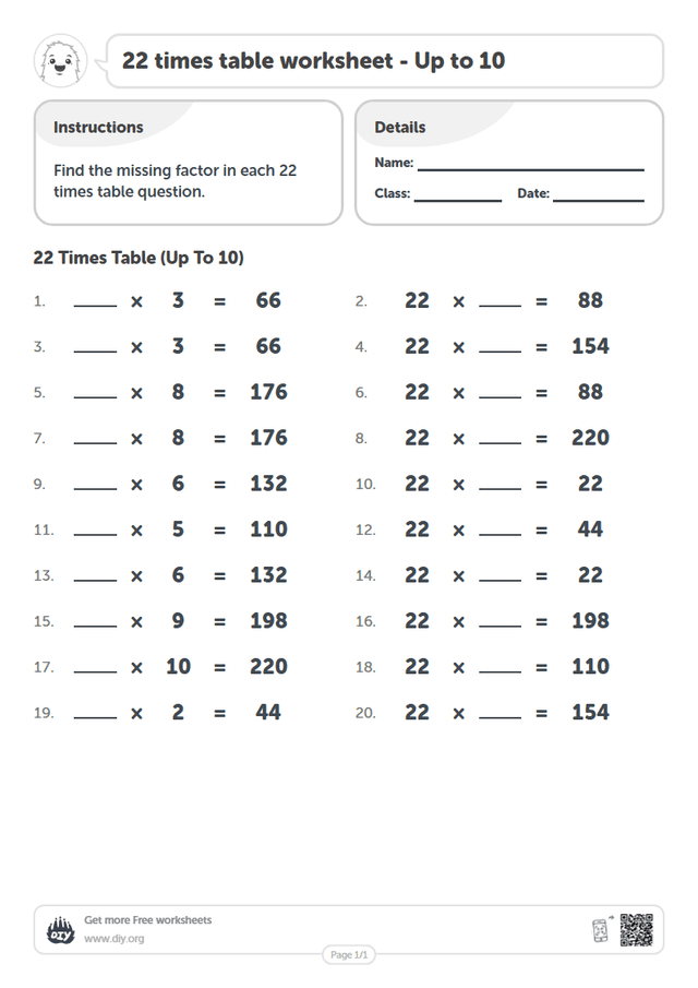 22 times table page 1