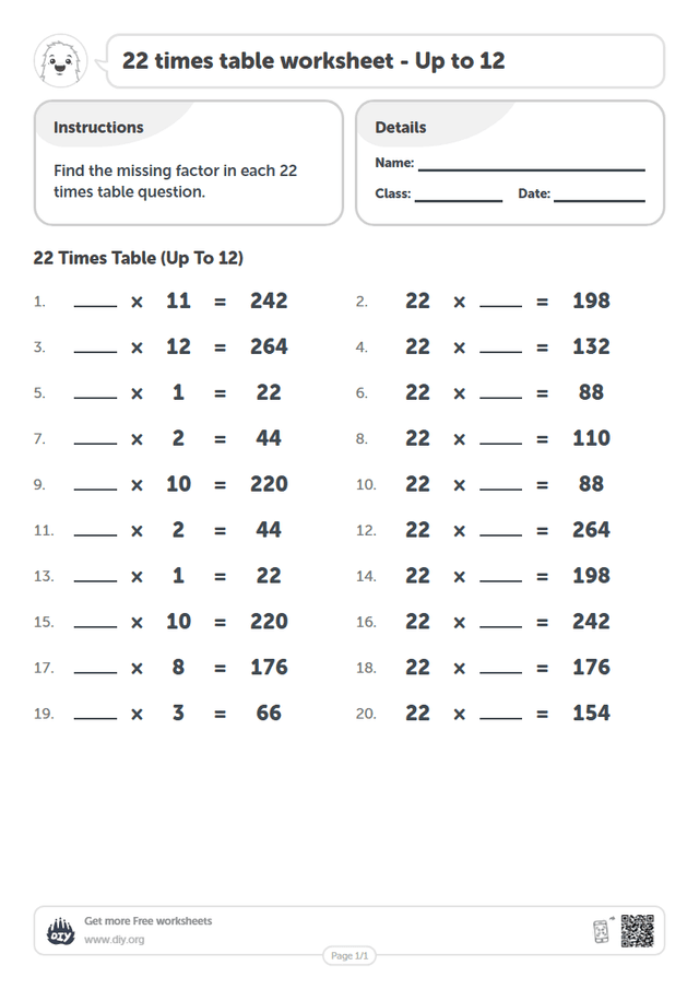 22 times table page 1
