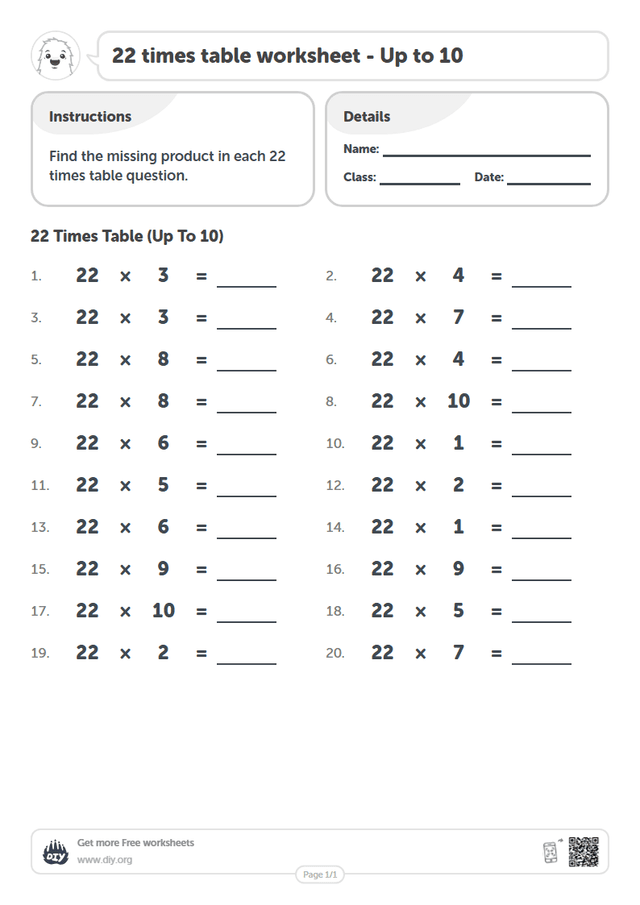 22 times table page 1