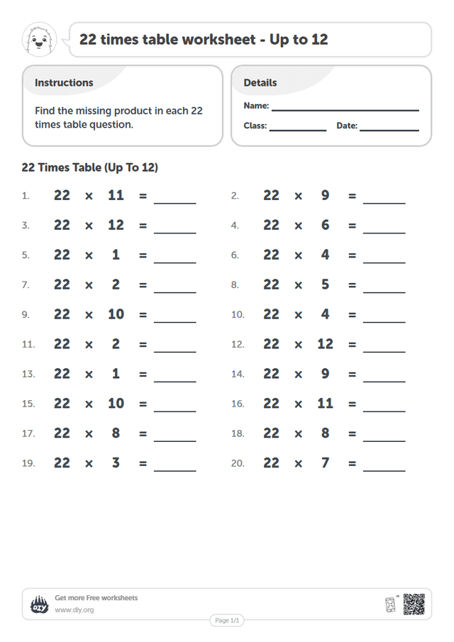 22 times table page 1