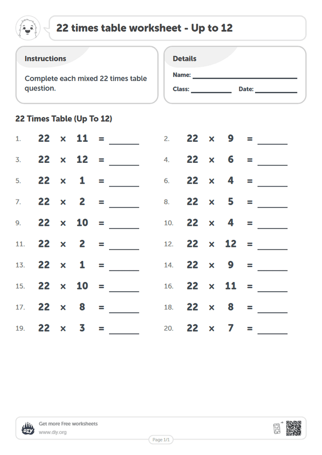 22 times table page 1