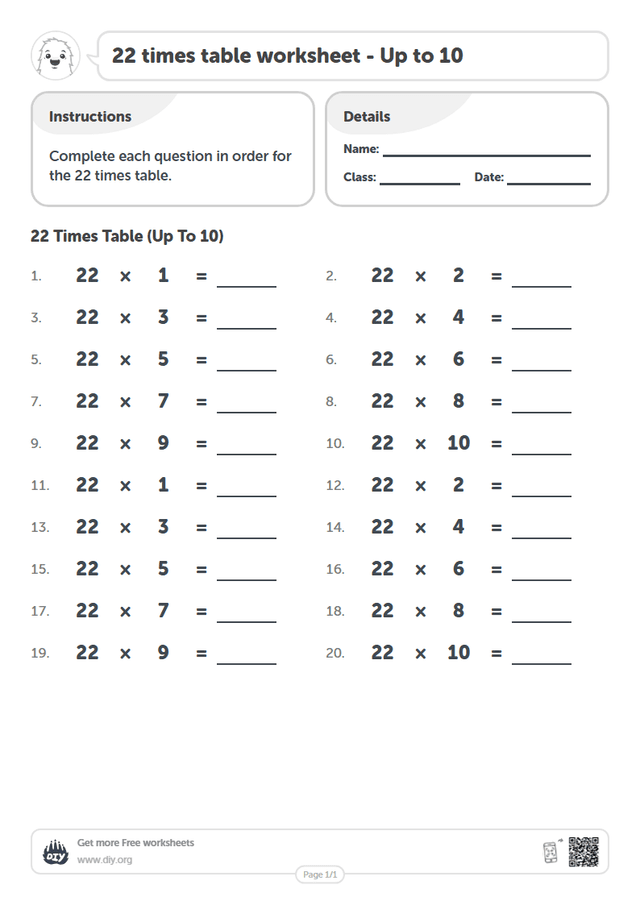 22 times table page 1