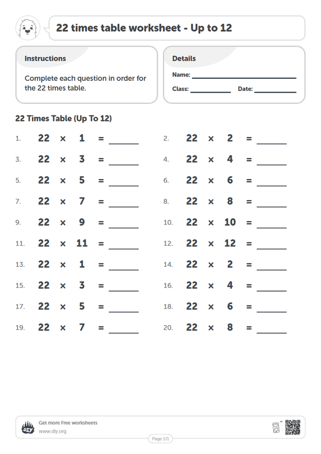 22 times table page 1