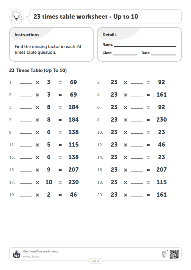 23 times table page 1