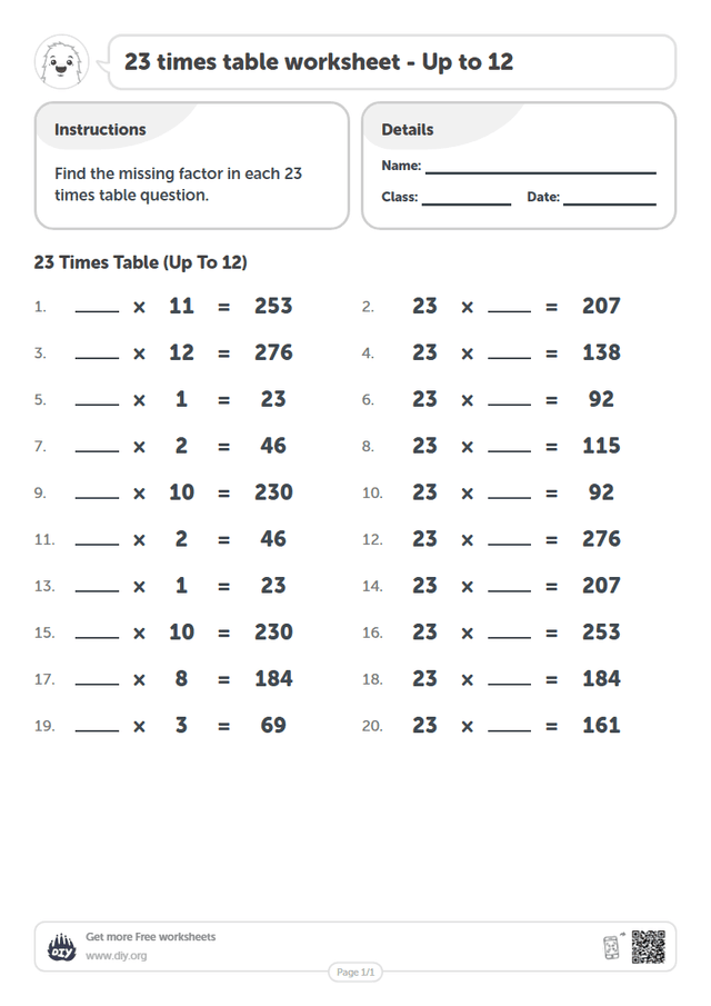 23 times table page 1