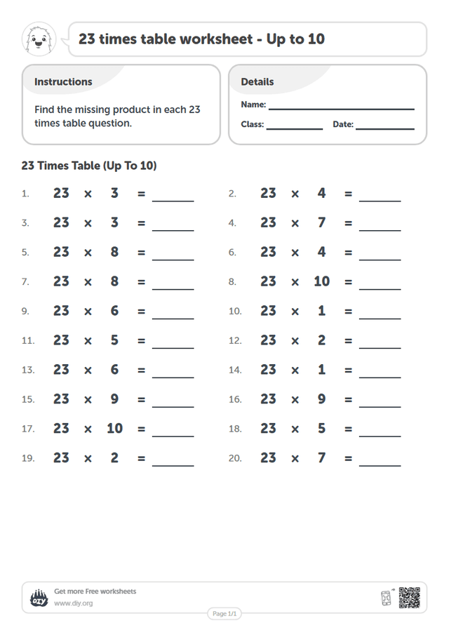 23 times table page 1