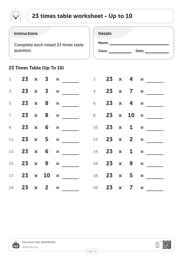 23 times table page 1