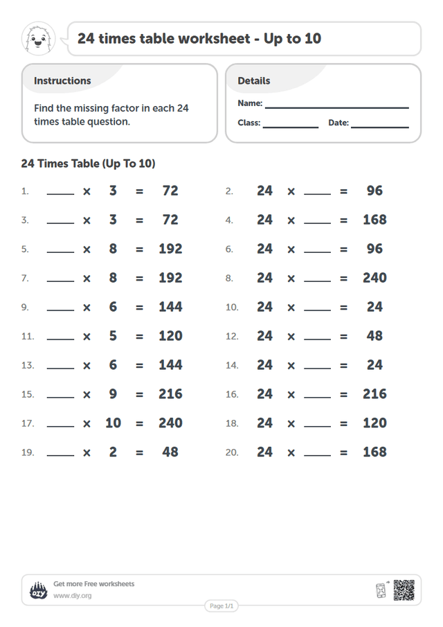 24 times table page 1