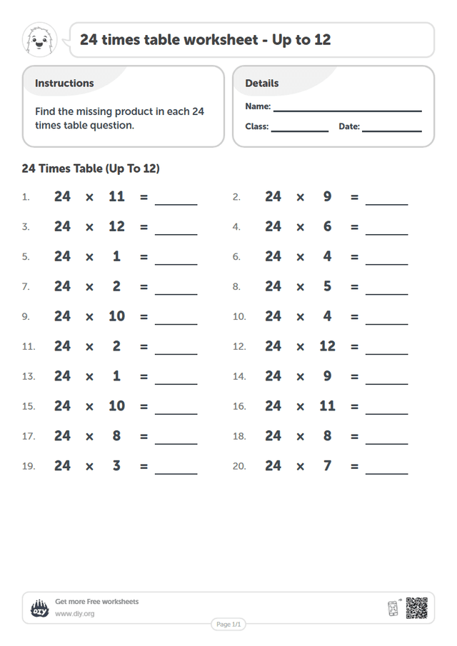 24 times table page 1