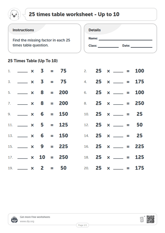 25 times table page 1