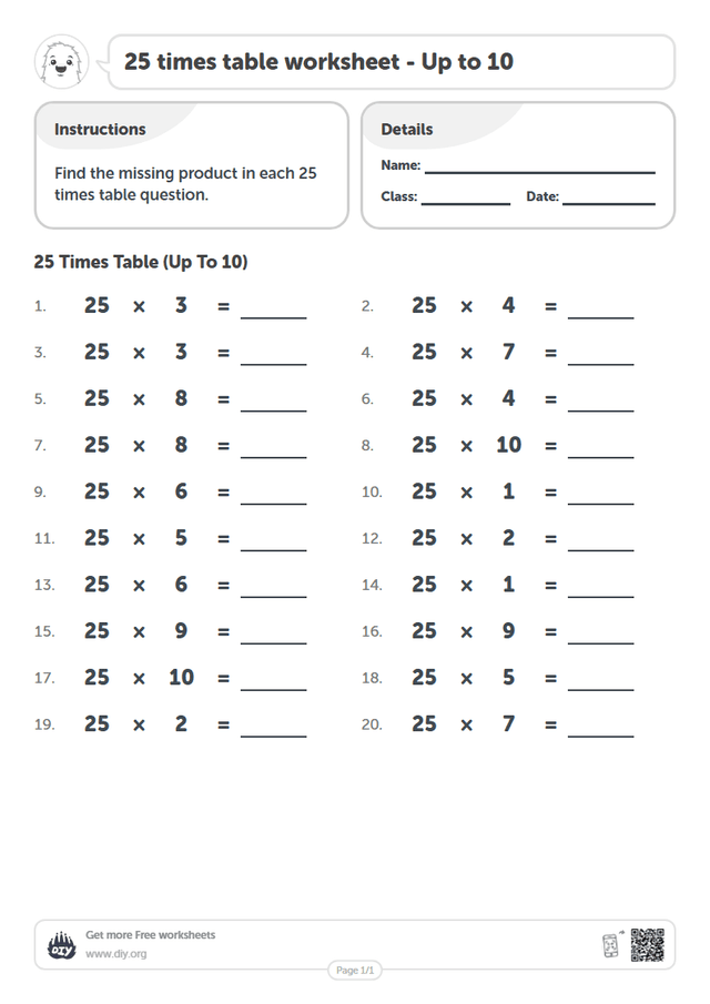 25 times table page 1