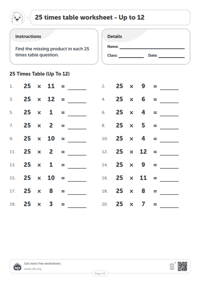 25 times table page 1