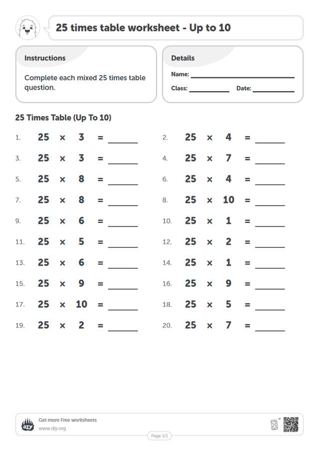 25 times table page 1