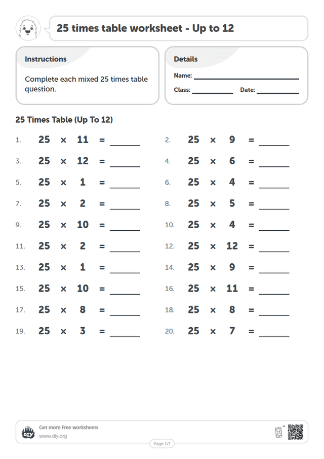 25 times table page 1