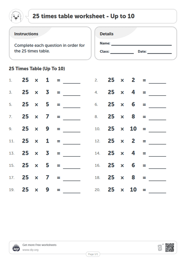 25 times table page 1