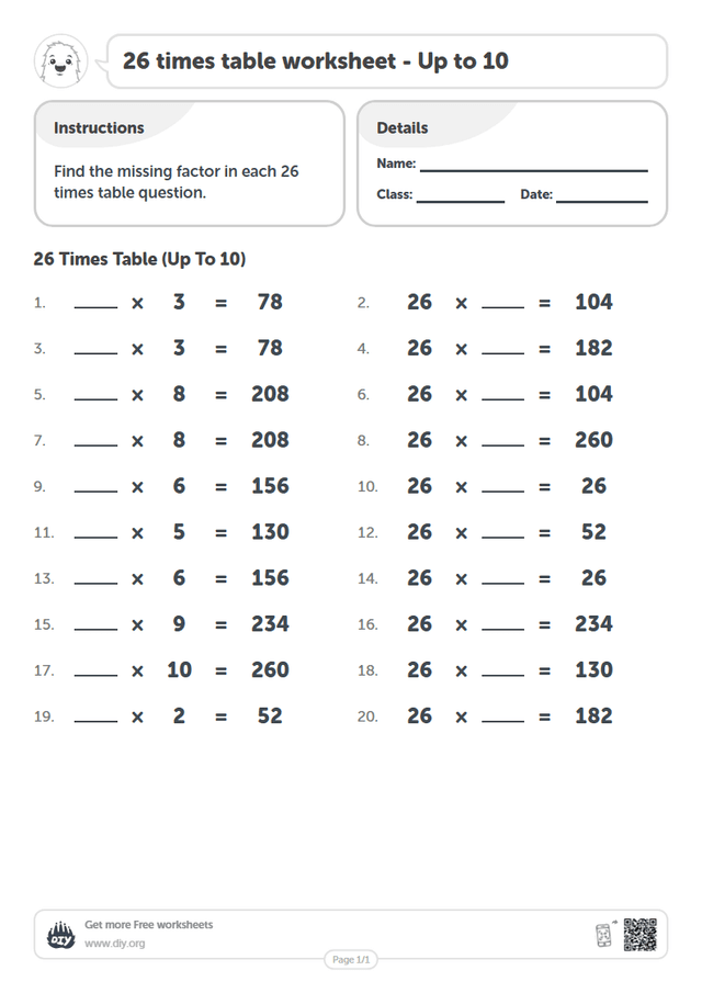 26 times table page 1