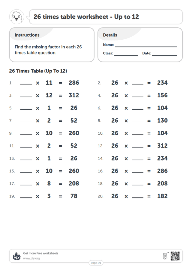26 times table page 1
