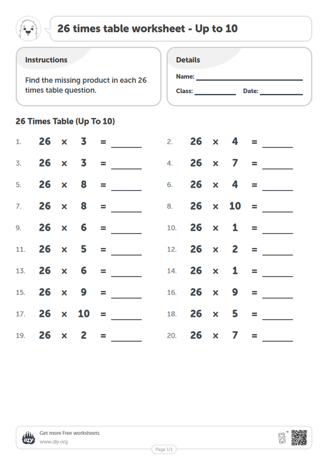 26 times table page 1