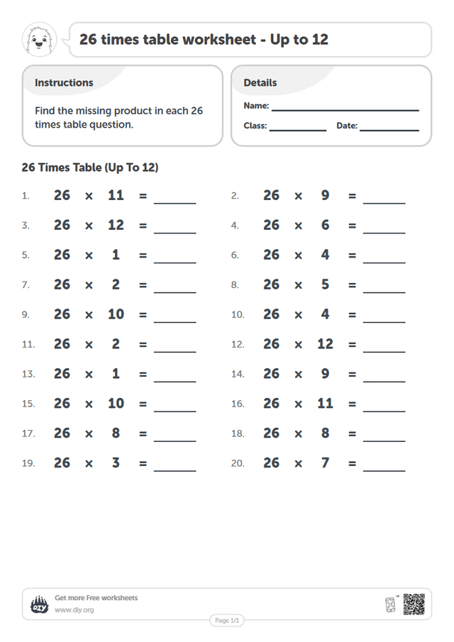 26 times table page 1
