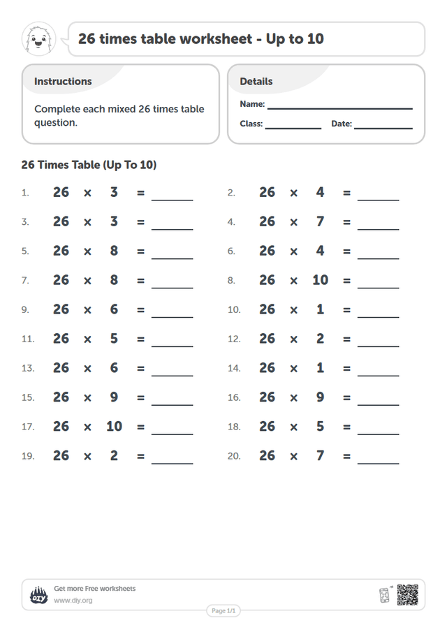 26 times table page 1