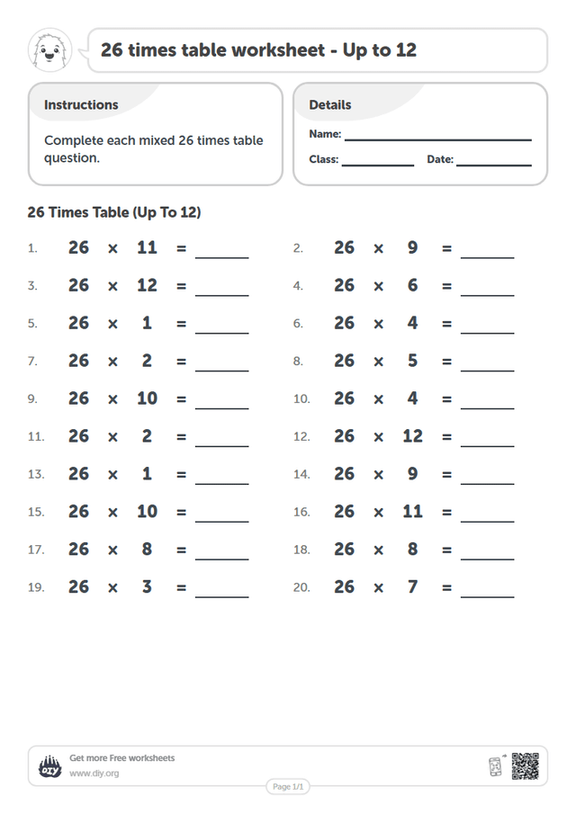 26 times table page 1