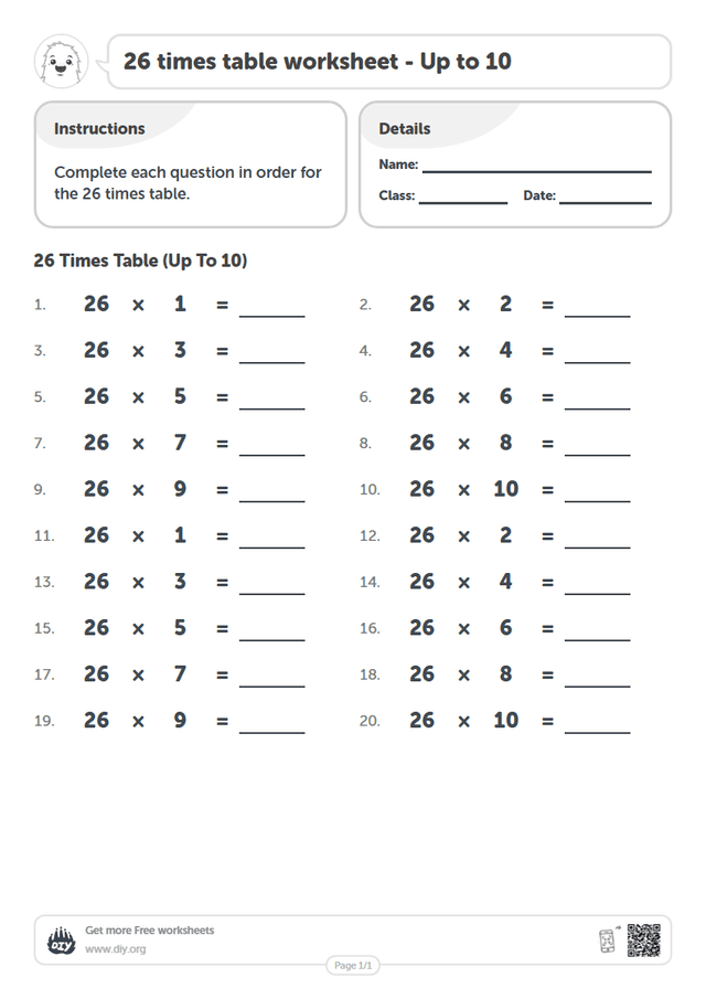 26 times table page 1