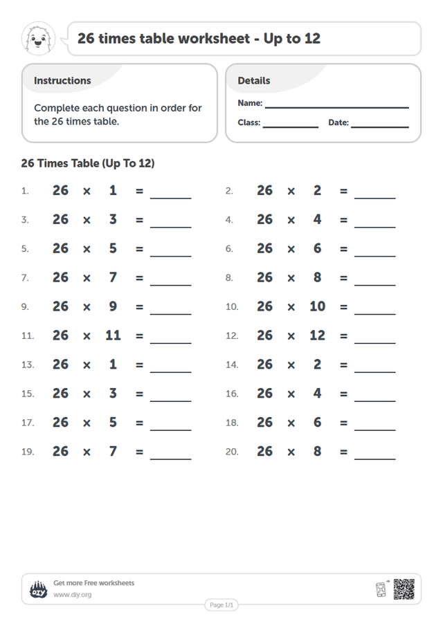 26 times table page 1