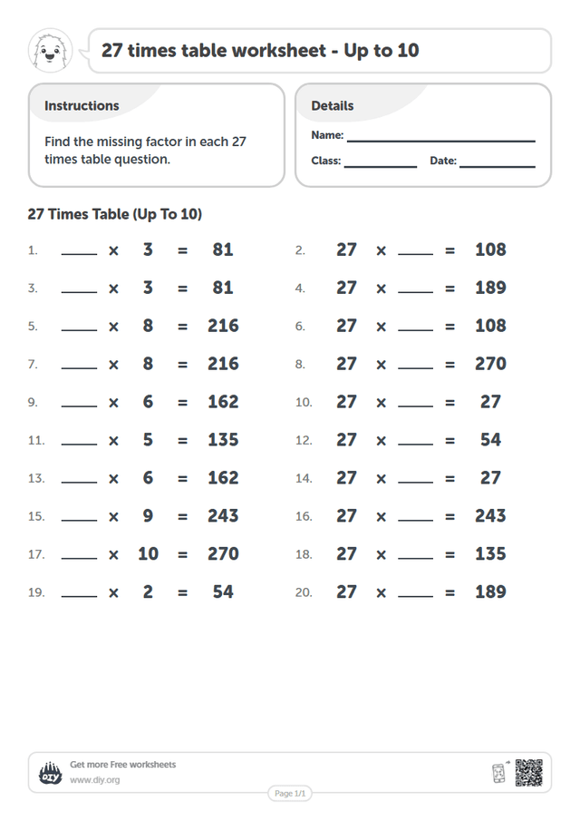27 times table page 1