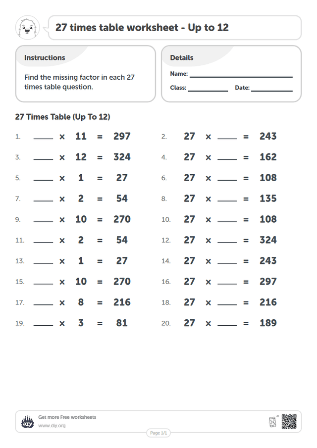 27 times table page 1