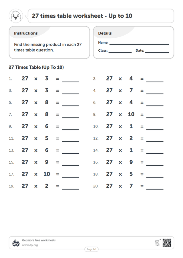 27 times table page 1