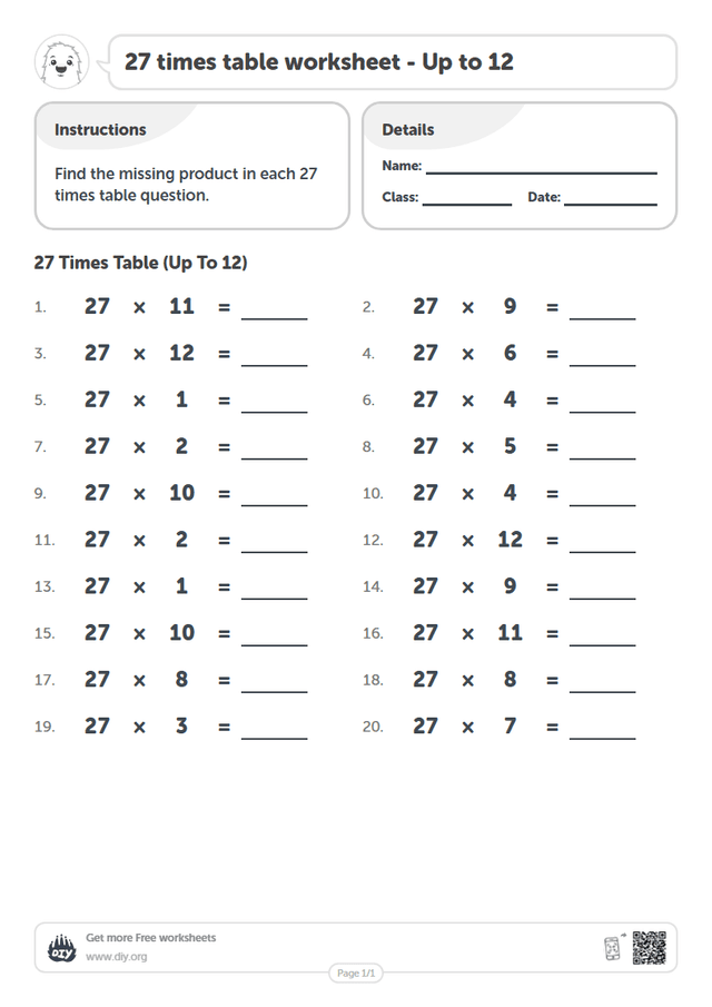 27 times table page 1