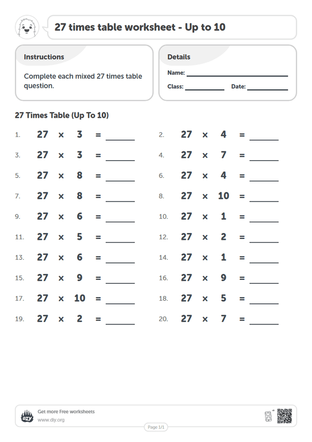 27 times table page 1
