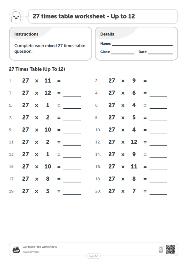 27 times table page 1