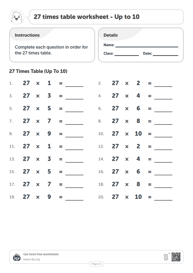 27 times table page 1