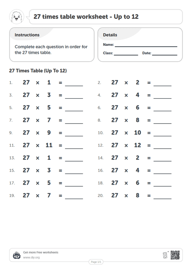 27 times table page 1