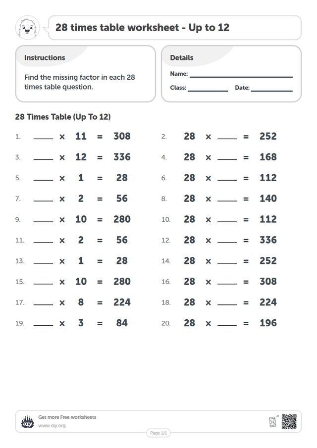28 times table page 1
