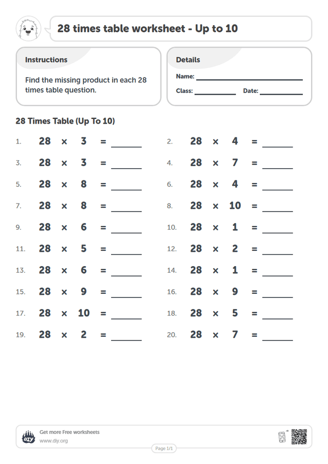 28 times table page 1