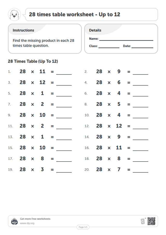 28 times table page 1