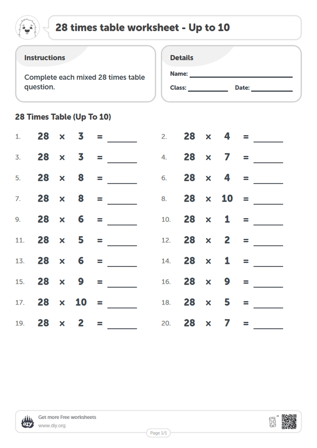 28 times table page 1