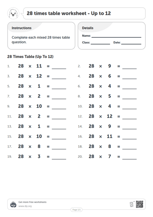 28 times table page 1