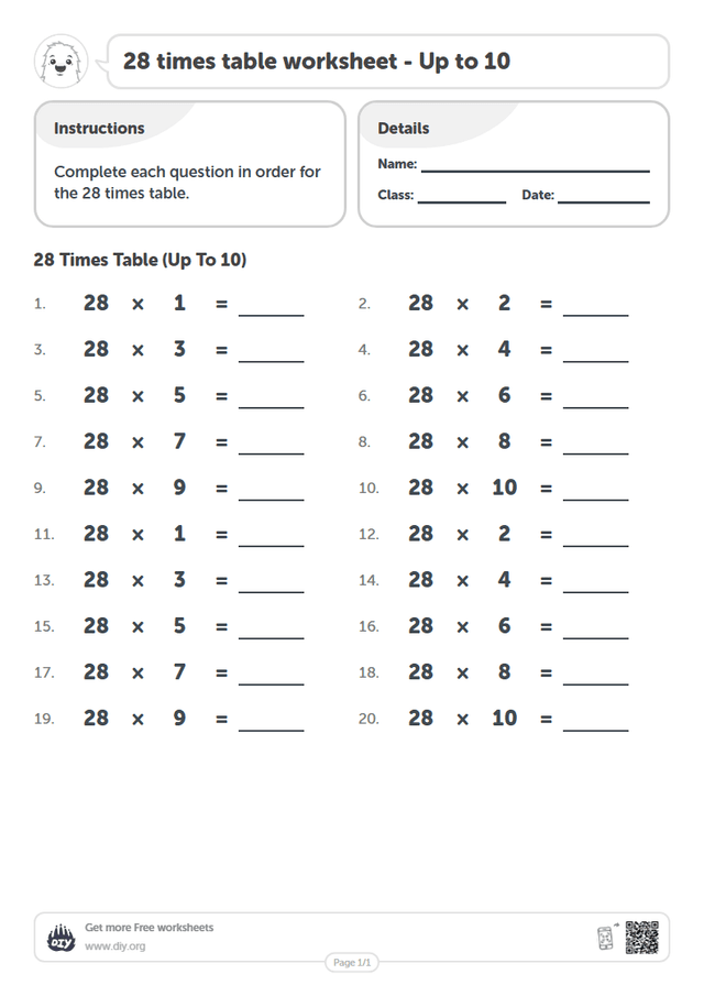 28 times table page 1