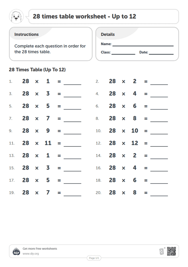 28 times table page 1