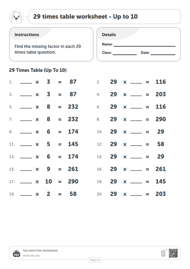 29 times table page 1