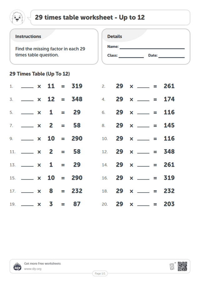 29 times table page 1