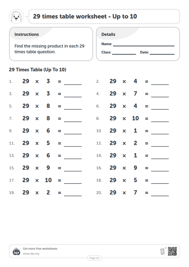 29 times table page 1