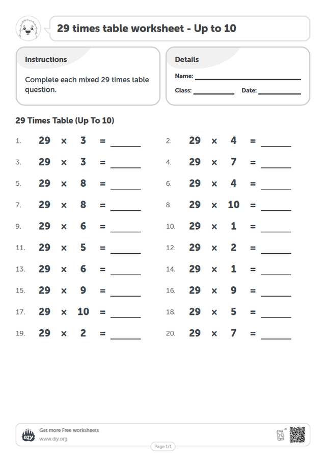 29 times table page 1