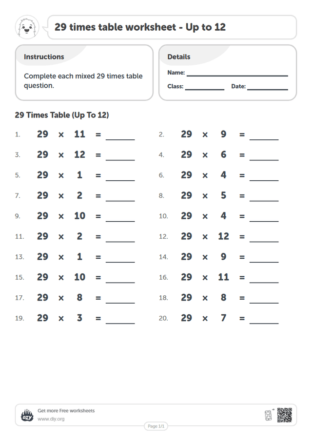 29 times table page 1